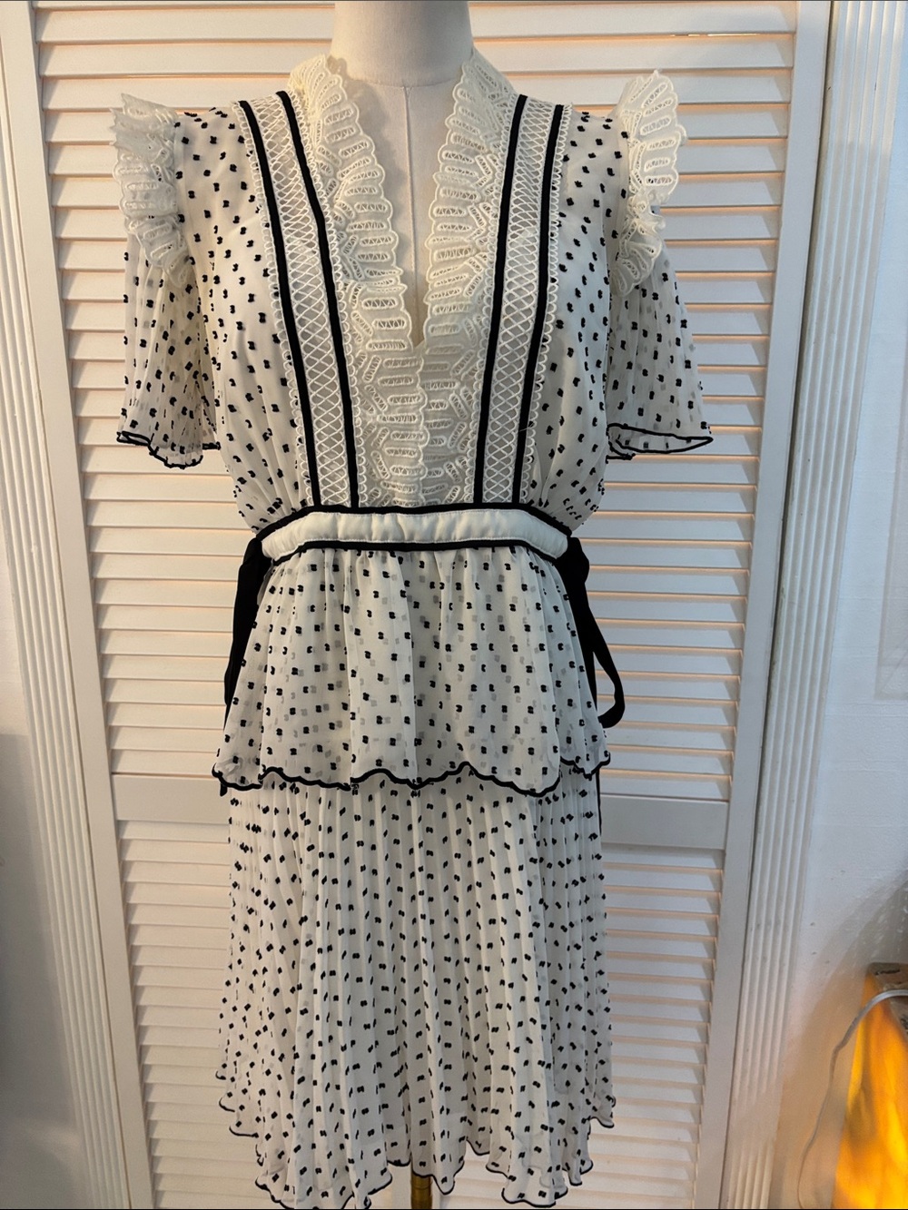 Self-Portrait White Mini Dress with Black Polka Dots and Trim, US8 - Picture 7 of 14